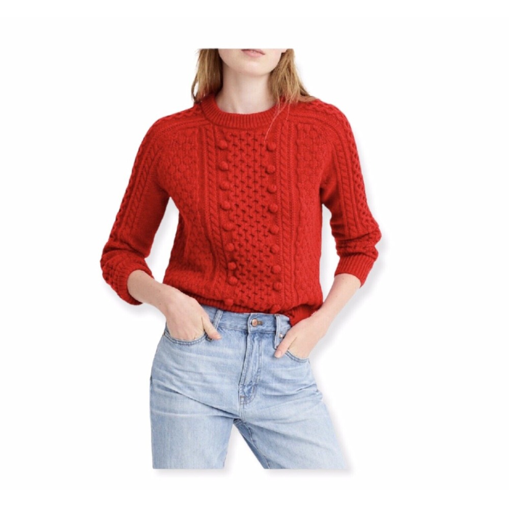 J.Crew Cable Knit Pom Pom Sweater Womens Small Red Lambswool Blend Preppy Cozy